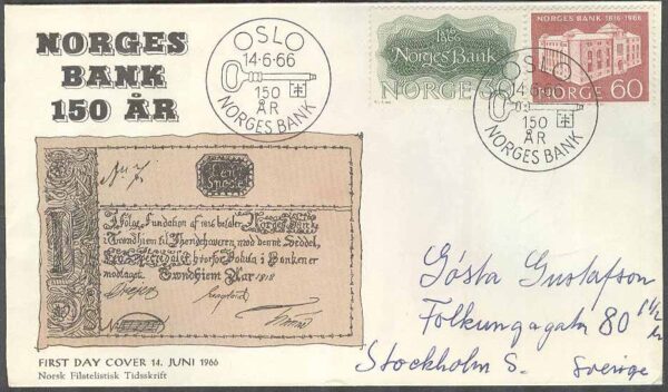 Norge - FDC 1966-06-14 - Norges Bank 150 år, 2 kpl Vinjett 2 Adressat