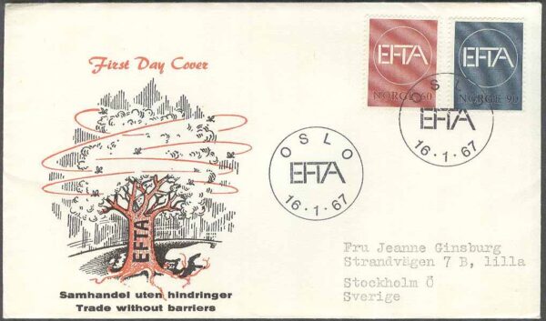 Norge - FDC 1967-01-16 - EFTA, 2 kpl Vinjett 6 Adressat
