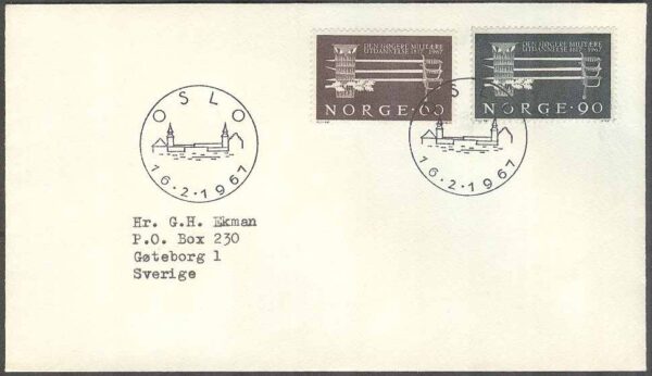 Norge - FDC 1967-02-16 - Högre militärutbildningen 150 år, 2 kpl Adressat