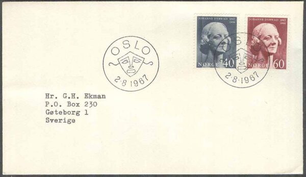 Norge - FDC 1967-08-02 - Johanne Dywad 100 år - Skådespelerska, 2 kpl Adressat