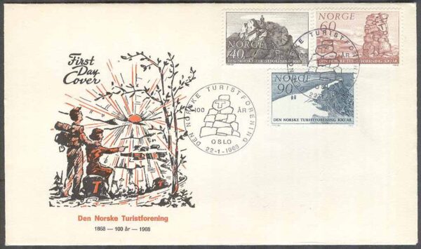 Norge - FDC 1968-01-22 - Norska Turistföreningen 100 år, 3 kpl Vinjett 6