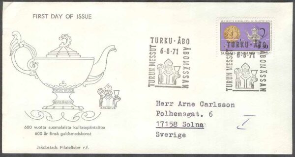 Finland - FDC 1971-08-06 - Guldsmedskonsten 600 år - Mynt, 1 kpl Vinjett 2 Adressat