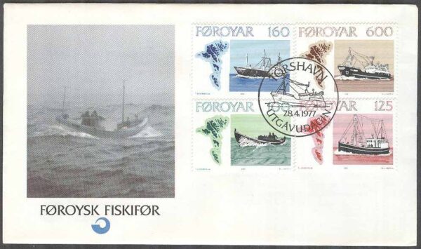 Färöarna - FDC 1977-04-28 - Fiskebåtar bla Mindre Kutter, 4 kpl Vinjett 1