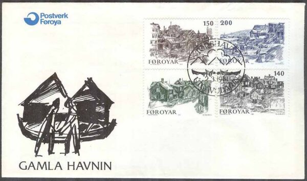 Färöarna - FDC 1981-03-02 - Gamla Tórshavn - Landskap - Byggnader - Båtar, 4 kpl Vinjett 1