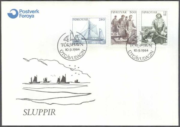 Färöarna - FDC 1984-09-10 - Båtar - Färöiska slupar, 3 kpl Vinjett 1