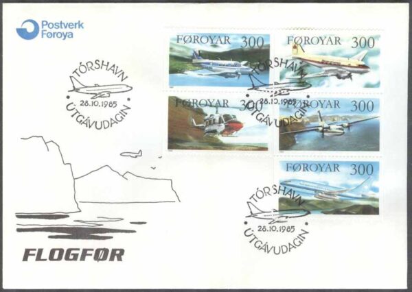 Färöarna - FDC 1985-10-28 - Flygplan bla Douglas DC-3, 5 kpl Vinjett 1