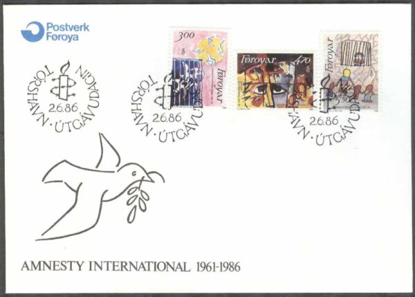 Färöarna - FDC 1986-06-02 - Amnesty International 25 år - Teckningar, 3 kpl Vinjett 1
