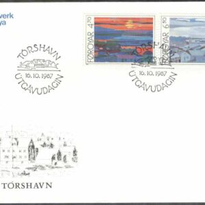 Färöarna – FDC 1987-10-16 – Internat Frim Utställ Hafnia 87 II. Tórshavn, 2 kpl Vinjett 1