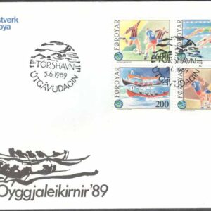 Färöarna – FDC 1989-06-05 – Sport – Önationernas OS 1995 bla Fotboll, 4 kpl Vinjett 1