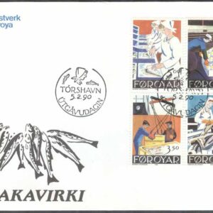 Färöarna – FDC 1990-02-05 – Fiskar – Fiskindustri, 4 kpl Vinjett 1
