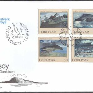 Färöarna – FDC 1990-10-08 – Konst – Landskap från Nólsoy, 4 kpl Vinjett 1