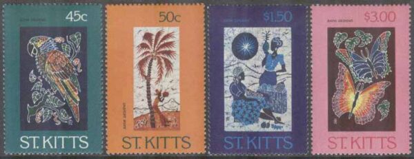 St. Kitts - M  126-129 Konst - Batik bla Fåglar & Fjärilar, 4 kpl **