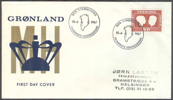 Grönland - FDC 1967-06-10 - Prinsessan Margrethes bröllop, 1 kpl Vinjett 12 Adressat