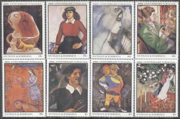 Antigua & Barbuda - M 1025-1032 Marc Chagalls födelse 100 år, 8 kpl **
