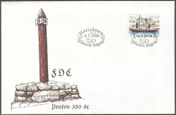 Åland - FDC 1988-01-04 - Posten 350 år - Postrotebåt, 1 kpl Vinjett 1