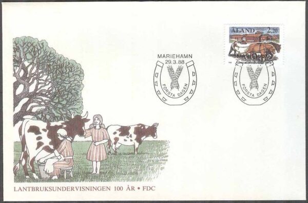 Åland - FDC 1988-03-29 - Lantbruksundervisningen 100 år - Hästar, 1 kpl Vijett 1