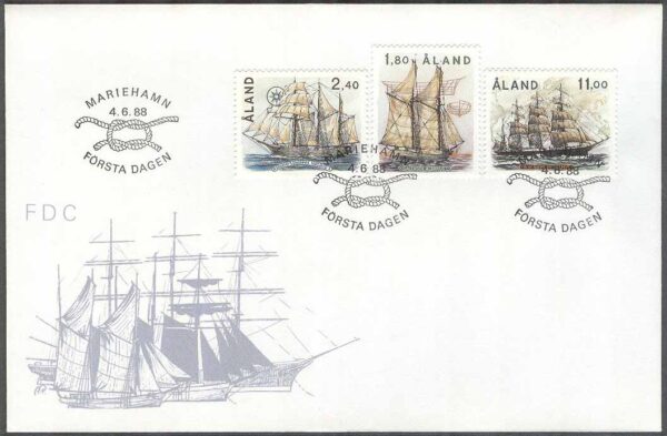 Åland - FDC 1988-06-04 - Segelfartyg bla Barken Pamir, 3 kpl Vinjett 1