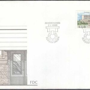 Åland – FDC 1989-01-02 – Mariehamns stadshus. Bruksfrimärke, 1 kpl Vinjett 1