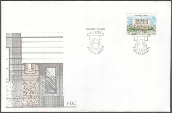 Åland - FDC 1989-01-02 - Mariehamns stadshus. Bruksfrimärke, 1 kpl Vinjett 1