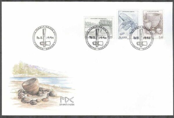 Åland - FDC 1994-08-16 - Stenåldern bla Stenredskap, 3 kpl Vinjett 1
