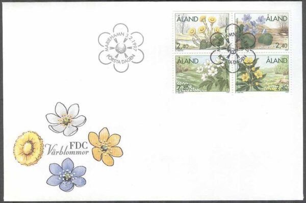 Åland - FDC 1997-02-03 - Vårblommor bla Hästhov, 4-Block kpl Vinjett 1