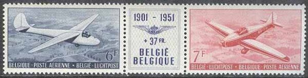 Belgien - M  902-903 + Zf Kungliga Belgiska Aeroklubben 50 år - Flygplan, 3-strip kpl **
