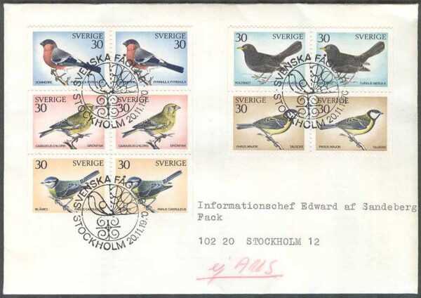 Sverige - FDC 1970-11-20 - Svenska fåglar, delat 10-Block kpl Adressat