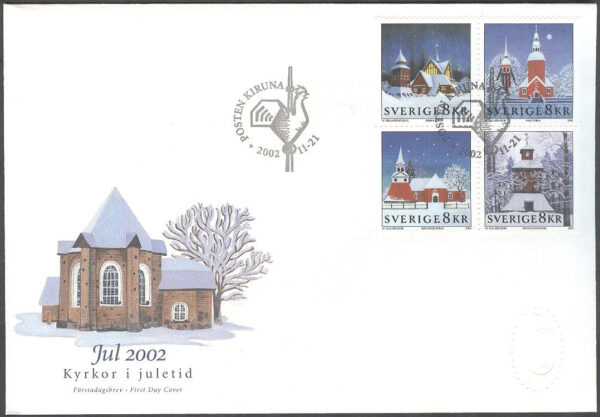 Sverige - FDC 2002-11-21 - Julpost 2002 - Utrikes julpost, 4-Block kpl Vinjett 1