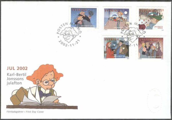 Sverige - FDC 2002-11-21 - Julpost 2002 - Inrikes julpost, 5 kpl Vinjett 1