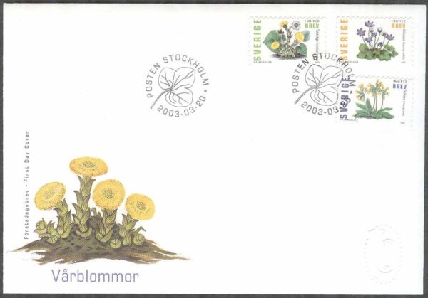 Sverige - FDC 2003-03-20 - Vårblommor, 3 kpl Vinjett 1