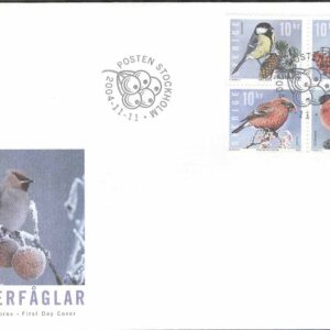 Sverige – FDC 2004-11-11 – Julpost – Inrikes Julpost Fåglar, 4-Block kpl Vinjett 1