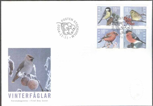 Sverige - FDC 2004-11-11 - Julpost - Inrikes Julpost Fåglar, 4-Block kpl Vinjett 1