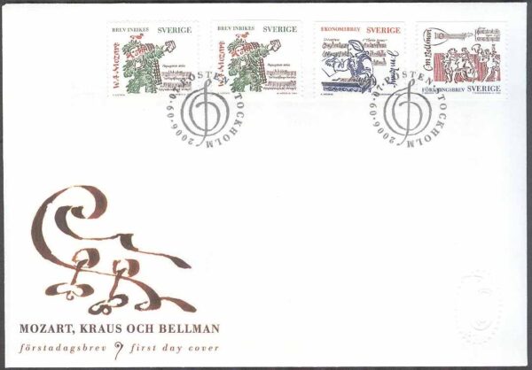 Sverige - FDC 2006-09-07 - Bellman, Kraus & Mozart - Musik, 4 kpl Vinjett 1
