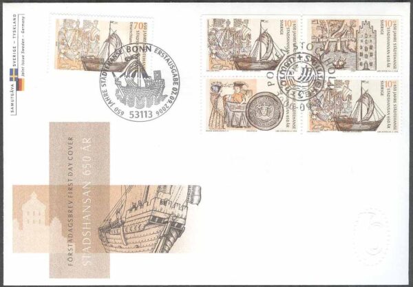 Sverige - FDC 2006-09-07 - Stadshansan 650 år, 4-Block + 1 Tyskland Vinjett 1