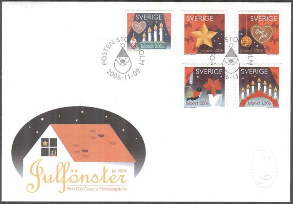 Sverige - FDC 2006-11-09 - Julpost - Inrikes julpost, 5 kpl Vinjett 1