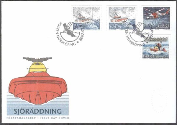 Sverige - FDC 2007-03-22 - Sjöräddningen 100 år - Flyg & Båtar, 4 kpl Vinjett 1