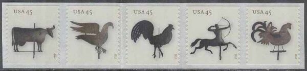 USA - M 4790-4794 Vindflöjlar som Djur bla Fåglar, 5-strip kpl **