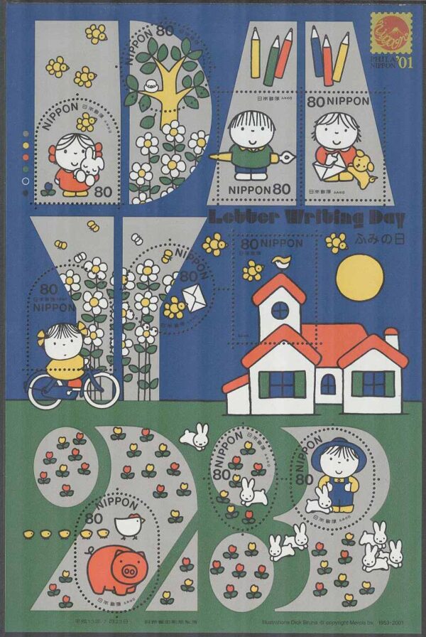 Japan - M 3218-3227 A Brevskrivandets Dag 2001 - Barn - Brev - Djur, Miniark kpl **