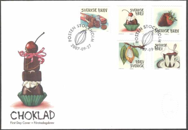 Sverige - FDC 2007-09-27 - Choklad, 5 kpl Vinjett 1