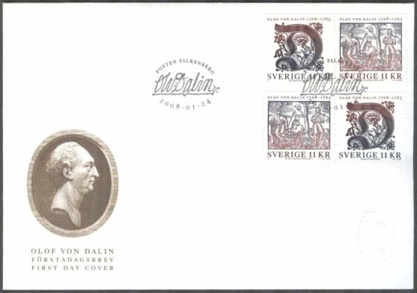 Sverige - FDC 2008-01-24 - Olof von Dalin, 2 st SX-par kpl Vinjett 1