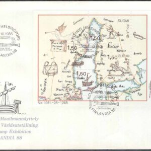 Finland – FDC 1985-10-16 – Fartyg – Karta – Frim. Utställ Finlandia 88, Block Vinjett 1