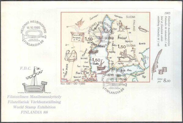 Finland - FDC 1985-10-16 - Fartyg - Karta - Frim. Utställ Finlandia 88, Block Vinjett 1