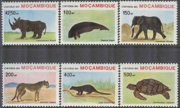 Mocambique - M 1209-1214 Hotade Djur bla Noshörning & Sköldpadda, 6 kpl **