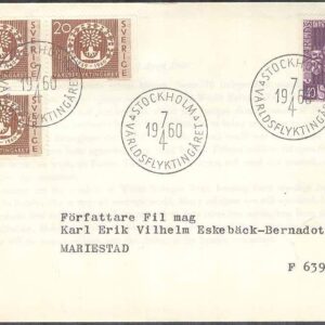 Sverige – FDC 1960-04-07 – Världsflyktingåret, 4 kpl Adressat Se beskrivning