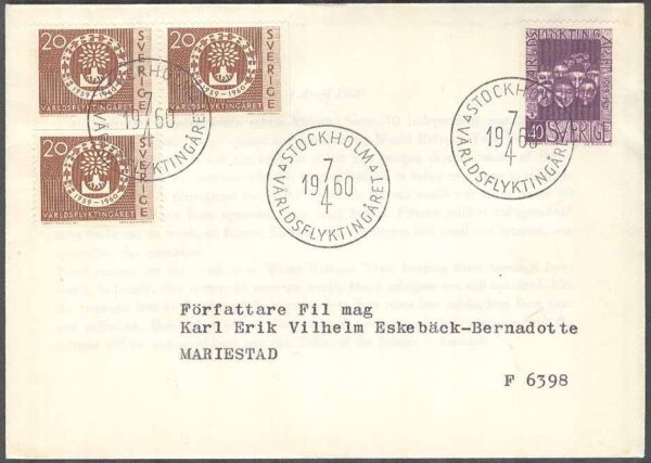 Sverige - FDC 1960-04-07 - Världsflyktingåret, 4 kpl Adressat Se beskrivning