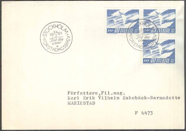 Sverige - FDC 1961-02-24 - SAS 10 år, 3 kpl Adressat Se beskrivning