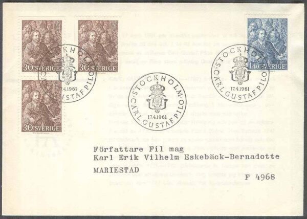 Sverige - FDC 1961-04-17 - Carl Gustaf Pilo, 4 kpl Adressat Se beskrivning