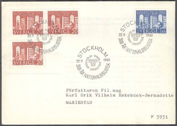 Sverige - FDC 1961-09-22 - Kungl Biblioteket, 4 kpl Adressat Se beskrivning