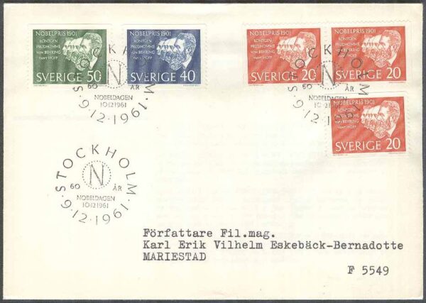 Sverige - FDC 1961-12-09 - Nobelpristagare 1901, 5 kpl Adressat Se beskrivning