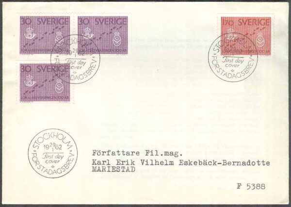 Sverige - FDC 1962-01-29 - Lokalbrevbäringen 100 år, 4 kpl Adressat Se beskrivning